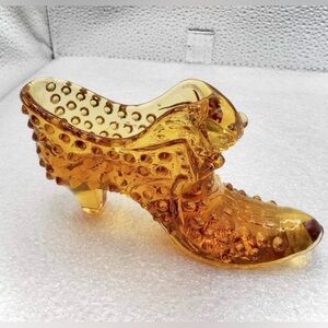 RARE Amber MCM Glass Victorian Shoe - Fenton Hobnail Cat Head Heel